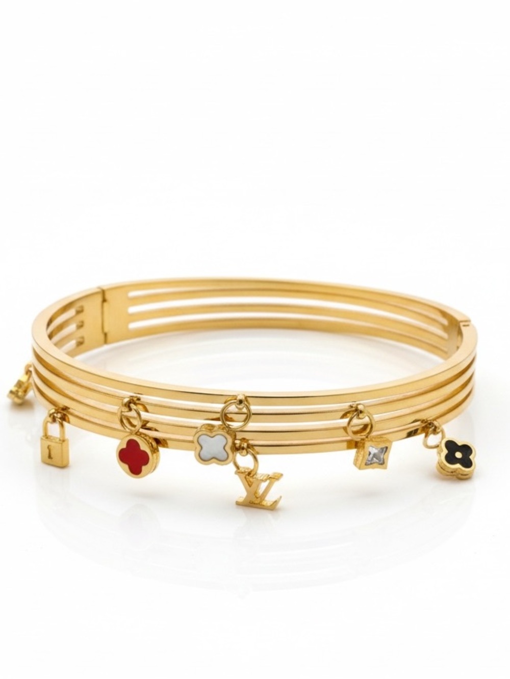 Designer Gold-Tone Charm Bangle Bracelet with Red, White & Black Accents new